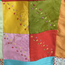 Load image into Gallery viewer, Large Rare Vintage Patchwork Quilt Embroidered Gold Satin Back 58x88
