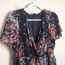 Load image into Gallery viewer, Dark Romantic Faux Wrap Dress High-Low Swiss Dot Floral Dark Grey Size M/L
