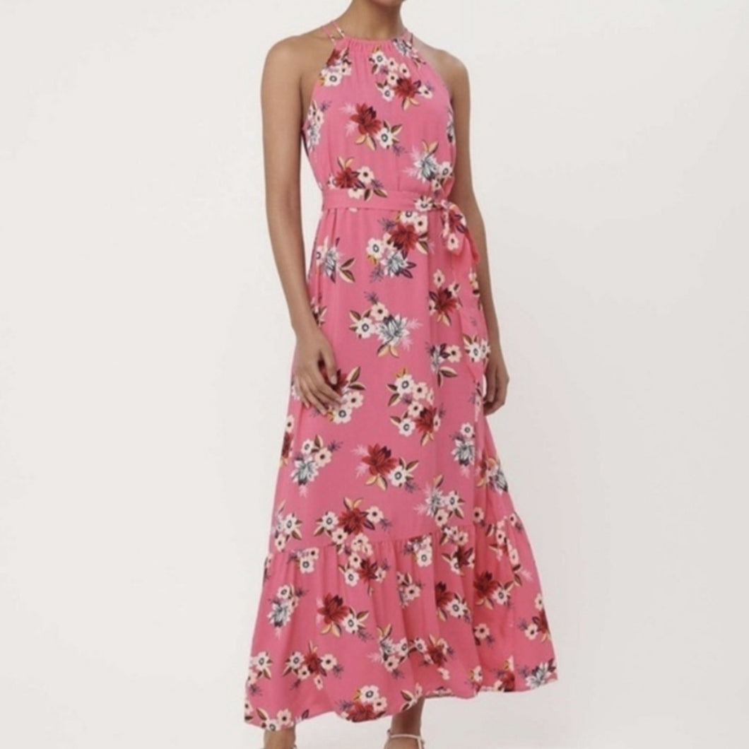 LOFT NWOT Zinnia Halter Tropical Pink Floral Maxi Dress Women's Size Medium