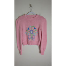 Load image into Gallery viewer, Vintage Cropped Hand Knit Sweater Balloon Sleeves Floral Design Women&#39;s Small
