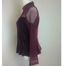 Load image into Gallery viewer, Glam Goth Fishnet Mockneck Red Velvet Peplum Top Large
