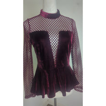 Load image into Gallery viewer, Glam Goth Fishnet Mockneck Red Velvet Peplum Top Large
