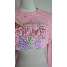 Load image into Gallery viewer, Vintage Cropped Hand Knit Sweater Balloon Sleeves Floral Design Women&#39;s Small
