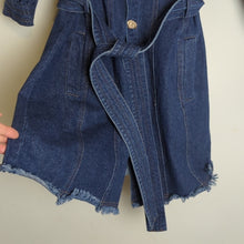 Load image into Gallery viewer, NWOT L'atiste Trench Jean Jacket Abstract Buttons Puff Sleeves Women's Medium
