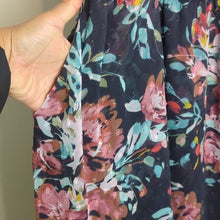 Load image into Gallery viewer, Dark Romantic Faux Wrap Dress High-Low Swiss Dot Floral Dark Grey Size M/L
