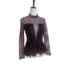 Load image into Gallery viewer, Glam Goth Fishnet Mockneck Red Velvet Peplum Top Large

