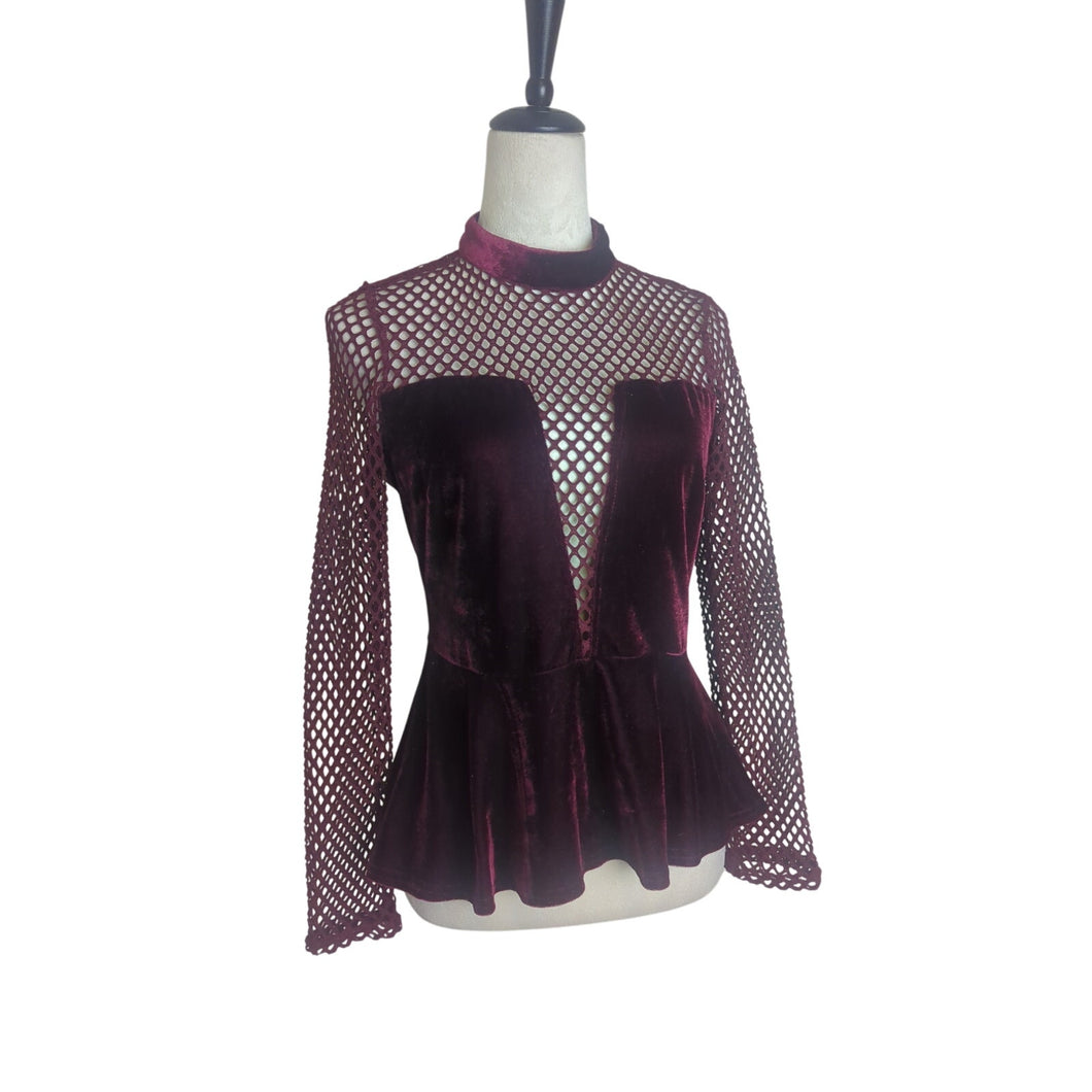 Glam Goth Fishnet Mockneck Red Velvet Peplum Top Large