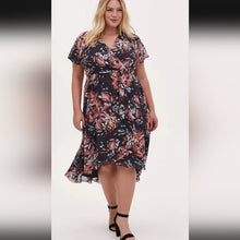 Load image into Gallery viewer, Dark Romantic Faux Wrap Dress High-Low Swiss Dot Floral Dark Grey Size M/L
