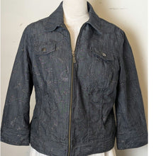 Load image into Gallery viewer, Boho Chic Dark Zip Up Denim Jacket Whimsical Embroidered Embellishment Size 12
