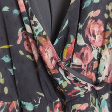 Load image into Gallery viewer, Dark Romantic Faux Wrap Dress High-Low Swiss Dot Floral Dark Grey Size M/L
