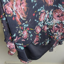 Load image into Gallery viewer, Dark Romantic Faux Wrap Dress High-Low Swiss Dot Floral Dark Grey Size M/L
