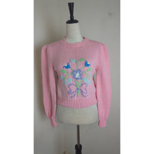 Load image into Gallery viewer, Vintage Cropped Hand Knit Sweater Balloon Sleeves Floral Design Women&#39;s Small
