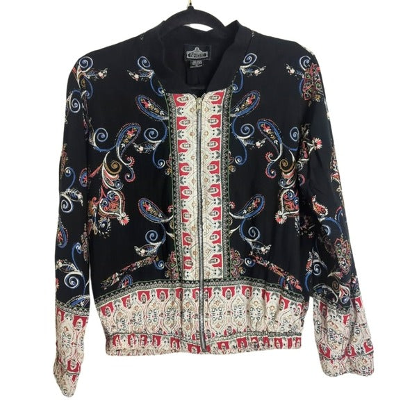 Boho Lightweight Bomber Jacket Exposed Zipper Front Hippie Print Women's Medium