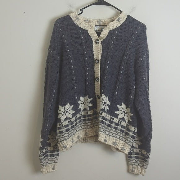 Vintage Slouchy Wool Blend Winter Snowflake Button-up Knit Cardigan Women's M