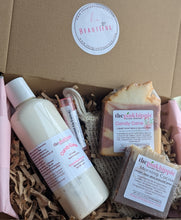 Load image into Gallery viewer, Gift Mystery boxes!!! Includes 2 Handcrafted Soaps, 1 Lotion or Body Butter,1 Lip Butter, 1 Soap Saver Bag!! $50 value!
