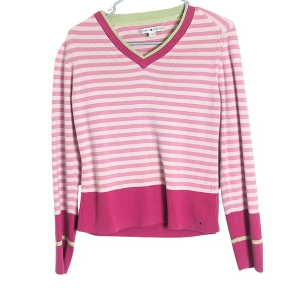 2004 Tommy Hilfinger Y2K Cropped Preppy Tight Knit Sweater Pink Women's Size L