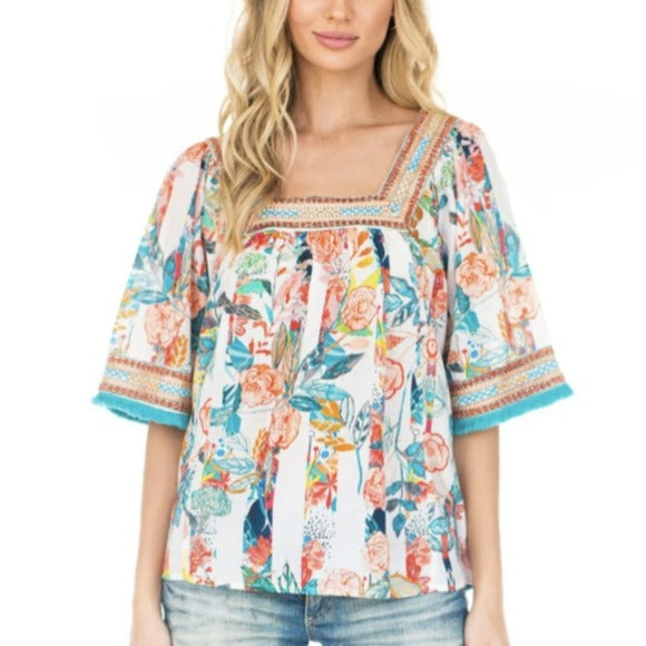 Litzy Jade Top Bright Floral Embroidered Pullover Fringe Women's Size XL