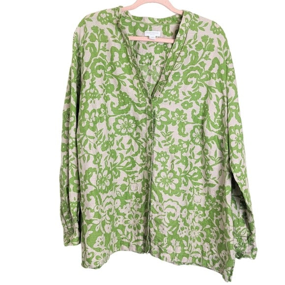 100% Linen Button-up Tunic Top Boho Floral Brat Green Women's 22W